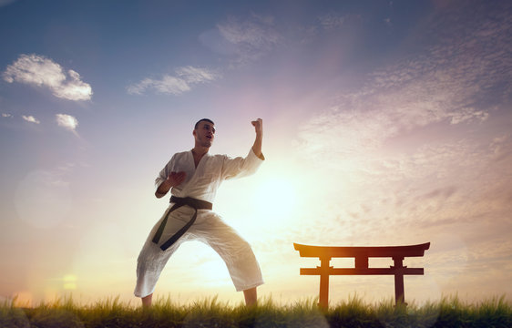 Karate fighters on morning training.