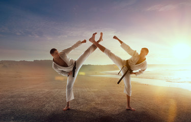 Karate fighters on morning training.