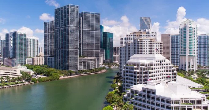 View from Brickell Key, a small island covered in apartment towers, towards the Miami skyline, Miami, Florida, USA - Time lapse