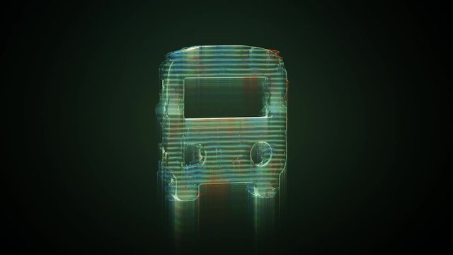 3d rendering glowing hologram of symbol of front view of a bus distorted glitch green old tv screen on black background