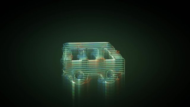 3d rendering glowing hologram of symbol of side view  of a bus distorted glitch green old tv screen on black background