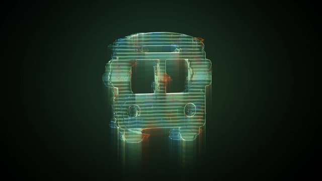 3d rendering glowing hologram of symbol of bus distorted glitch green old tv screen on black background