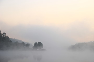 Fototapeta na wymiar Foggy lake in Hungarian lake.