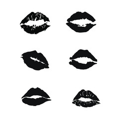 Lipstick kiss print isolated vector set. Black vector lips set. Different shapes of female sexy  lips.  Female mouth. Print of lips kiss vector background. 