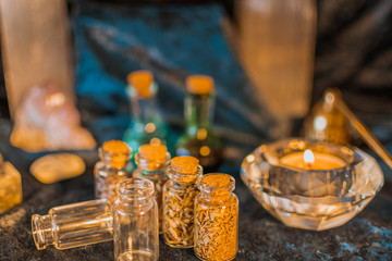 Dry herbs in small bottles