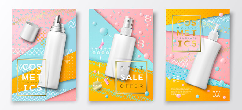 Vector 3d Realistic Cosmetic Bottles Poster Mockup