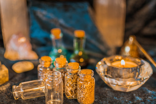 Dry herbs in small bottles