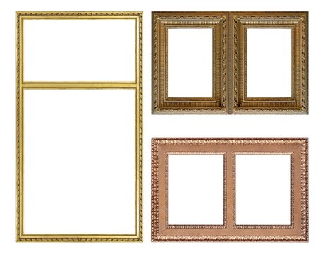 Double golden frame (diptych) for paintings, mirrors or photos isolated on white background