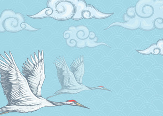 Obraz premium background with cranes and clouds in asian style