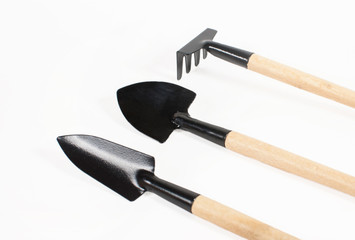 Various small gardening tools close-up on a white background