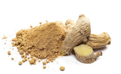 Ginger root and powder isolated on white background, (Zingiber officinale)
