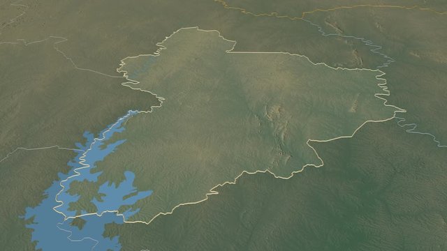 Vall&eacute;e du Bandama, district with its capital, zoomed and extruded on the relief map of C&ocirc;te d'Ivoire in the conformal Stereographic projection. Animation 3D