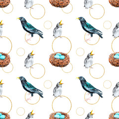 watercolor seamless pattern - spring, birds, chicks, nest