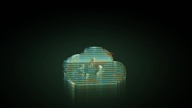 3d rendering glowing hologram of symbol of cloud computing with tag distorted glitch green old tv screen on black background