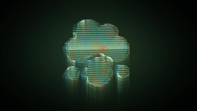 3d rendering glowing hologram of symbol of cloud falling meatball distorted glitch green old tv screen on black background