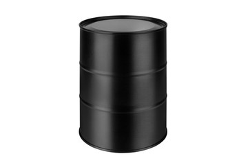 Black metal barrel on white background isolated close up, oil drum, steel keg, blank closed food tin can, aluminium cask, petroleum storage packaging, fuel or gasoline container, canned goods mock up