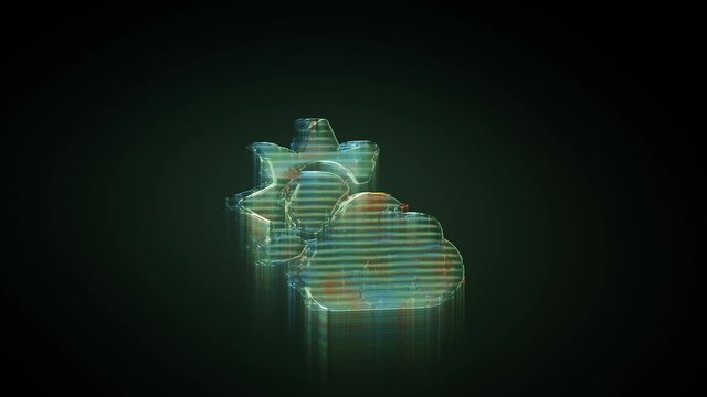 3d rendering glowing hologram of symbol of cloud partly cover sun distorted glitch green old tv screen on black background