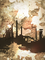 Steelworks silhouette on grunge brown background.  Illustration of steelworks black silhouette on grunge background of torn fragmentes of posters.