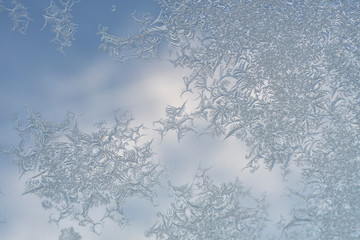 frost on the window, water crystals on the glass
