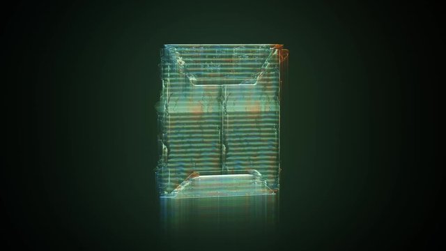 3d rendering glowing hologram of symbol of sealed envelope with flaps distorted glitch green old tv screen on black background