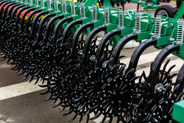 Working parts of new agricultural Harvester machine. Combine harvester agriculture machine.