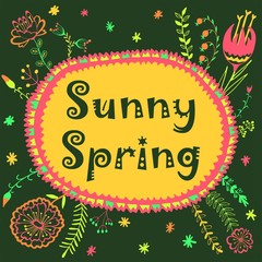 Sunny spring text frame flowers vector illustration hand drawing