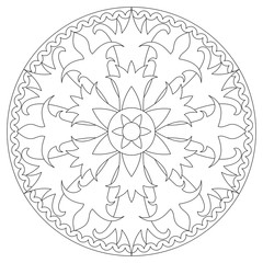 Antistress coloring page with round black and white mandala with floral ornaments. Vector design.