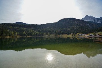 Lake Geroldsee, an alpine lake between Garmisch-Partenkirchen and Mittenwald with Karwendel mountains in the background, Gerold, Bavaria, Germany