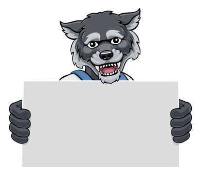 A wolf animal construction cartoon mascot handyman or builder maintenance contractor holding a sign