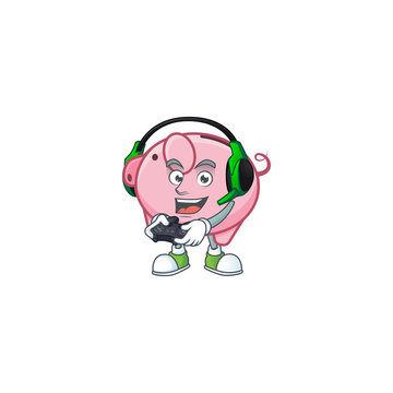 Cool piggy bank cartoon mascot with headphone and controller