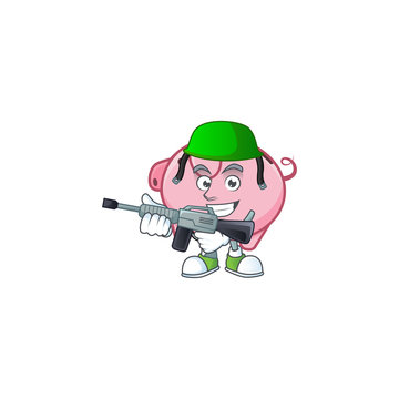 Piggy bank carton character in an Army uniform with machine gun