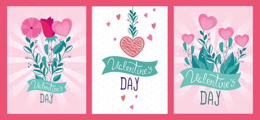 Fototapeta na wymiar set cards of happy valentines day with decoration