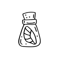 Magic bottle hand drawn doodle vector line art illustration, sticker, icon. Black monochrome design. Isolated on white background. Easy to change color. Design element. Magic, witchcraft tools. Witch