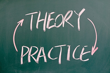 Theory and practice words written on the chalkboard