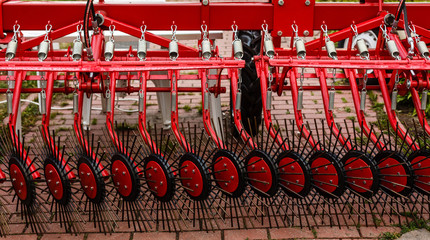 Working parts of new agricultural Harvester machine. Combine harvester agriculture machine.