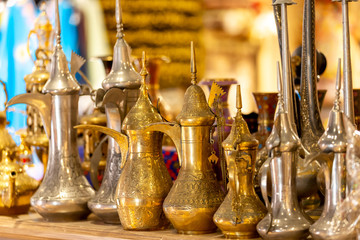 Fototapeta na wymiar Arabic traditional coffee pots, UAE heritage concept