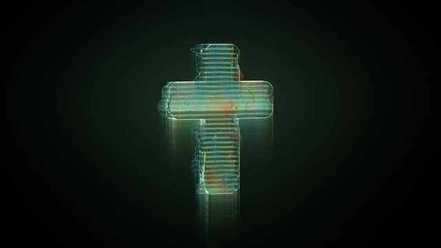 3d rendering glowing hologram of symbol of catholic cross distorted glitch green old tv screen on black background