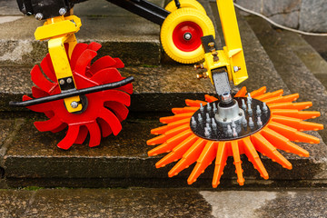 Working parts of new agricultural Harvester machine. Combine harvester agriculture machine.