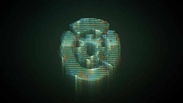 3d rendering glowing hologram of symbol of circular diagram with cogwheel in the middle distorted glitch green old tv screen on black background