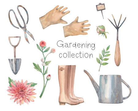 Watercolor gardening collection. Farm scissors, gloves, flowers, watering can, rake, boots, shovel isolated on white background.