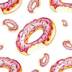Seamless pattern. Bitten glazed  sprinkled donut. Watercolor illustration on white background.