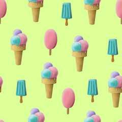 Ice cream seamless pattern. Summer vacation. Pastel palette. Happy childhood. Tasty and delicious. Ice cream waffle cone. Design print for textile fabric. Diet concept. Cafe restaurant food package