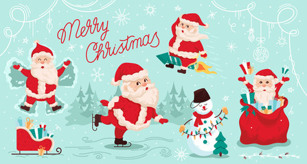 Merry Christmas Set. Merry Santa in the snow.
