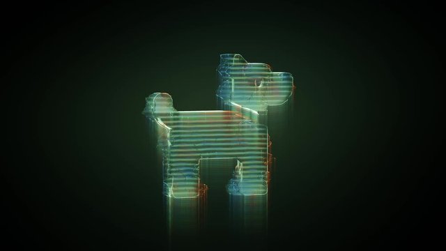 3d rendering glowing hologram of symbol of dog with collar distorted glitch green old tv screen on black background