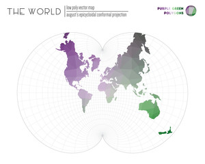 Abstract geometric world map. August's epicycloidal conformal projection of the world. Purple Green colored polygons. Modern vector illustration.