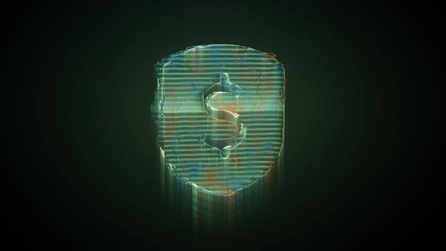 3d rendering glowing hologram of symbol of dollar symbol in shield distorted glitch green old tv screen on black background