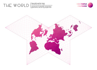 Vector map of the world. Gnomonic butterfly projection of the world. Red Purple colored polygons. Modern vector illustration.