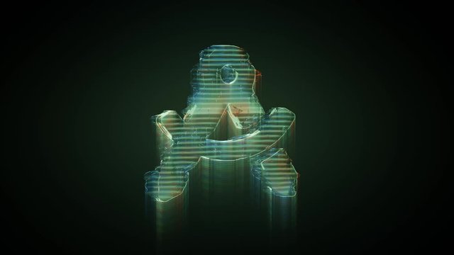 3d rendering glowing hologram of symbol of drafting compass with hole in hinge distorted glitch green old tv screen on black background