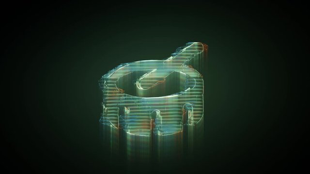 3d rendering glowing hologram of symbol of drum and stick distorted glitch green old tv screen on black background