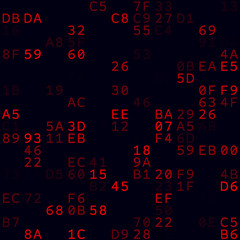 Matrix background. Red sparse hexadecimal pairs background. Small sized seamless pattern. Captivating vector illustration.